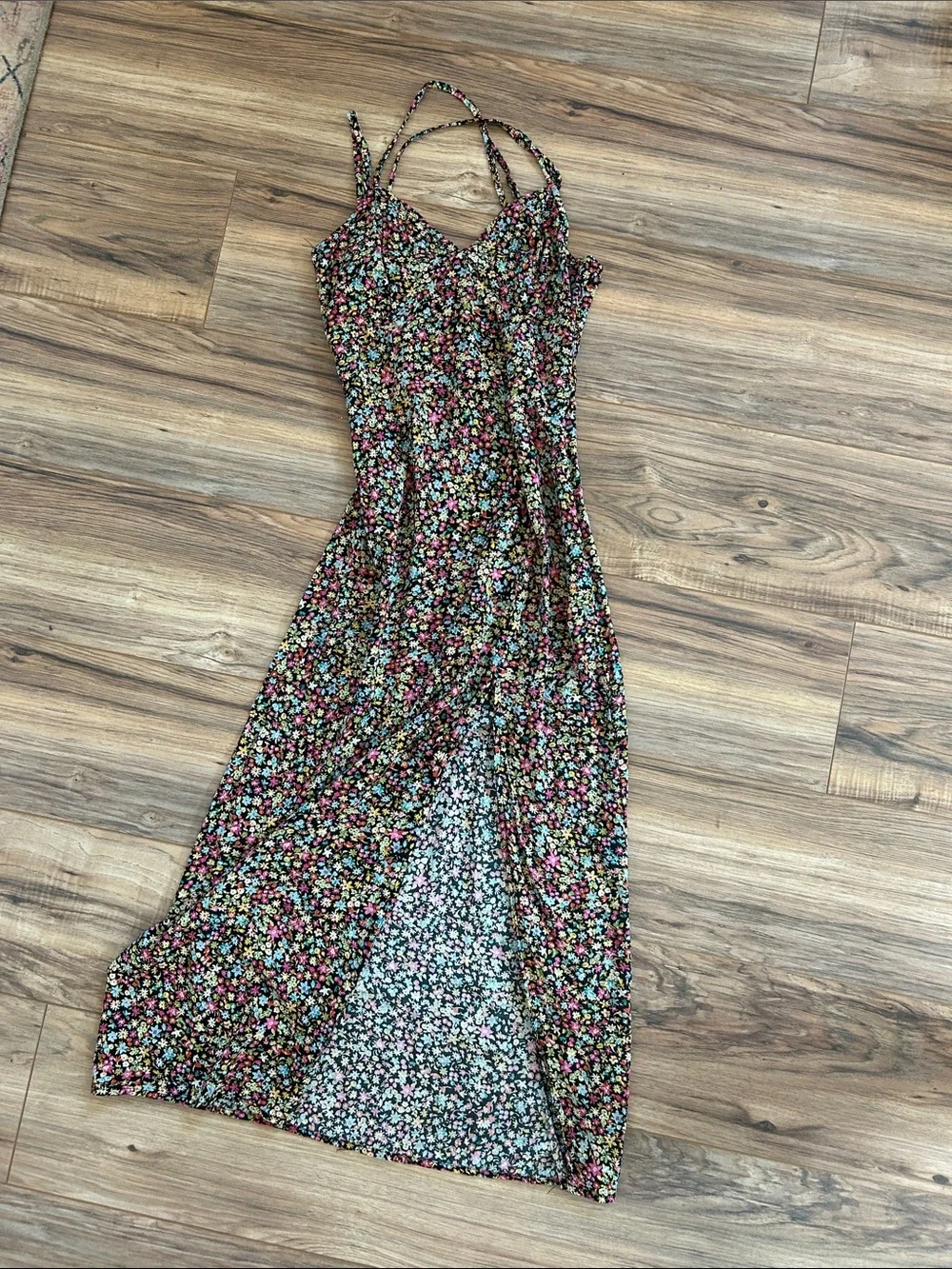 Zara Black Floral Maxi Slip Dress with Pink & Green & Blue Accents size medium - Picture 1 of 9